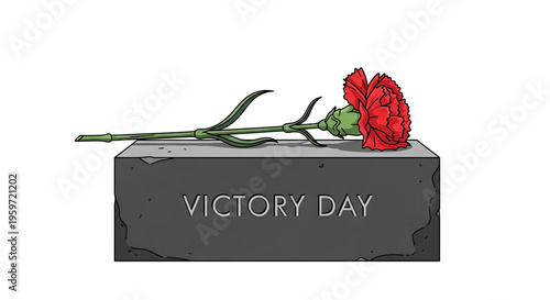 A vector graphic illustration of a red rose on a gray stone monument with the words 'VICTORY DAY' engraved on it