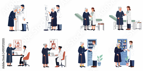 Illustrations of an elderly woman during medical consultations with healthcare professionals, including doctors, nurses, and pharmacists in various clinical settings.