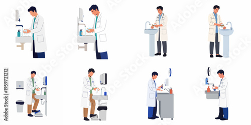 Set of flat vector illustrations of doctors and medical staff washing their hands at sinks to maintain clinical hygiene and prevent infections.