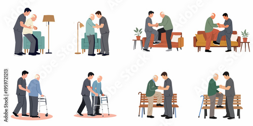 Flat illustration set depicting a male caregiver assisting an elderly man with various mobility tasks like walking with a walker and standing up.