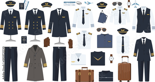 Professional aviation pilot uniform vector set featuring captain jackets shirts with epaulettes hats travel luggage and flight accessories isolated on white background.