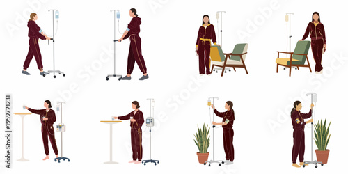 Flat vector illustrations of a woman in a maroon tracksuit receiving intravenous therapy in various poses, including walking, standing, and resting.