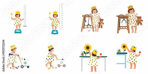 Set of flat vector illustrations depicting a toddler girl in a sunflower dress during medical check-ups and playtime activities.