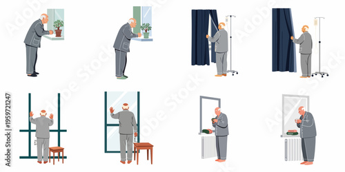 Vector illustrations of an elderly man in pajamas, experiencing solitude, health challenges, and quiet moments by the window at home and in a medical hospital.