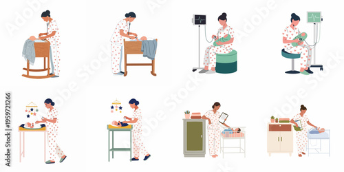 A collection of flat vector illustrations depicting a pediatric nurse caring for newborn babies in various medical and nursery settings.
