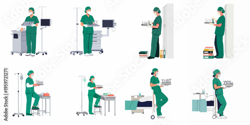 Set of flat vector illustrations depicting a surgical nurse in green scrubs holding a tray of medical instruments in various hospital room settings.