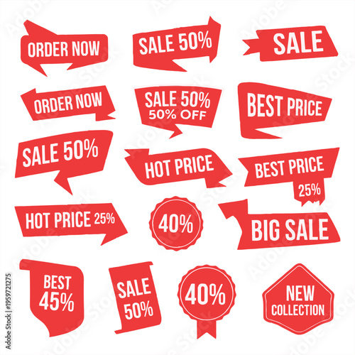 Sale signs with discounts and promotions are displayed on a white background