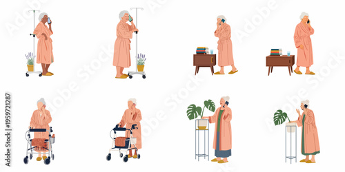 Collection of senior women in bathrobes using smartphones in various healthcare scenarios, featuring medical equipment like IV stands, walkers, and bedside tables.