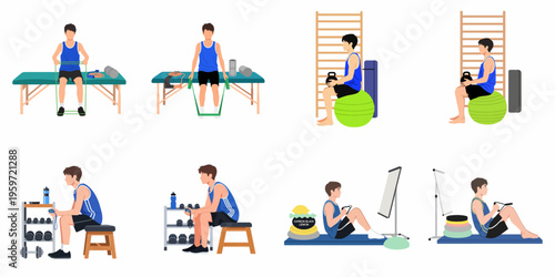 Set of vector illustrations showing a man performing various physical therapy and rehabilitation exercises using resistance bands, weights, and fitness equipment.