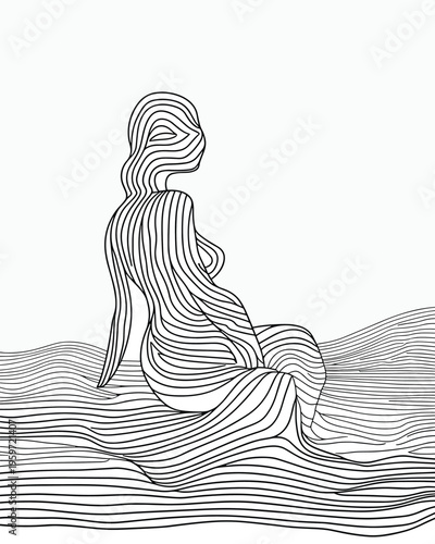 Abstract simple line drawing of the female form, depicting a pregnant woman with flowing, textured lines, motherhood, wellness