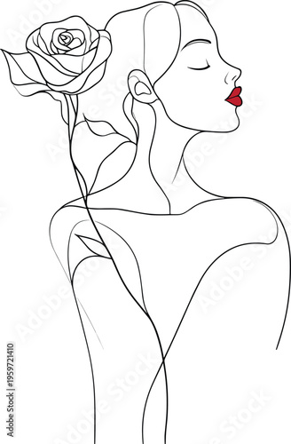 Minimalist simple line drawing of a woman with a rose in her hair, eyes closed, artistic vector illustration, 100% colorable, beauty, tranquility, natural elegance