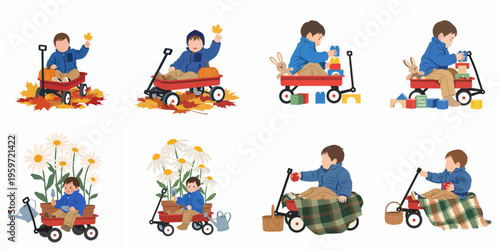 A versatile set of flat illustrations showing a toddler boy enjoying seasonal activities and creative play in a classic red wagon.