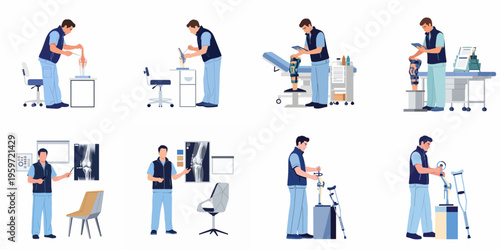 Set of illustrations showing an orthopedic specialist working with knee joint models, prosthetics, and medical X-rays for rehabilitation and surgical planning.