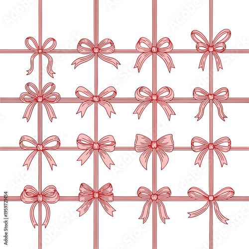 A collection of pink ribbons tied in bows on intersecting lines