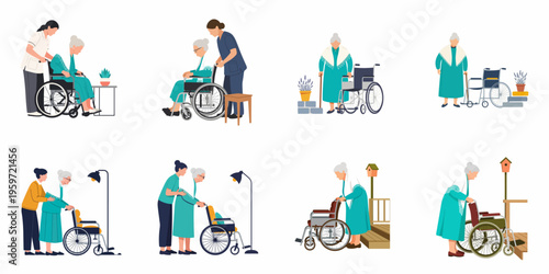 Collection of flat vector illustrations depicting elderly women in wheelchairs receiving professional care and assistance from caregivers in various home and outdoor environments.