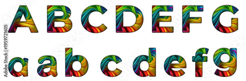 abstract rainbow colored a, b, c, d, e, f, g word design text alphabet letter typography font design