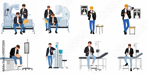 Vector illustration set featuring a young man in a leather jacket undergoing various medical checks and waiting for results in a hospital.
