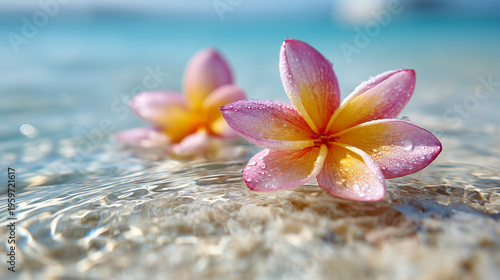 a photo of two pink and yellow frangipani flowers floating on the clear water surface, with ripples in the sunlight. the background is light blue, with light reflection on the whit