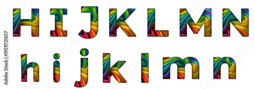abstract rainbow colored h, i, j, k, l, m, n word design text alphabet letter typography font design