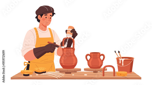 Crafting Ceramic: An artisan carefully molds a ceramic piece with focused attention and artistic skill, bringing a new creation to life.