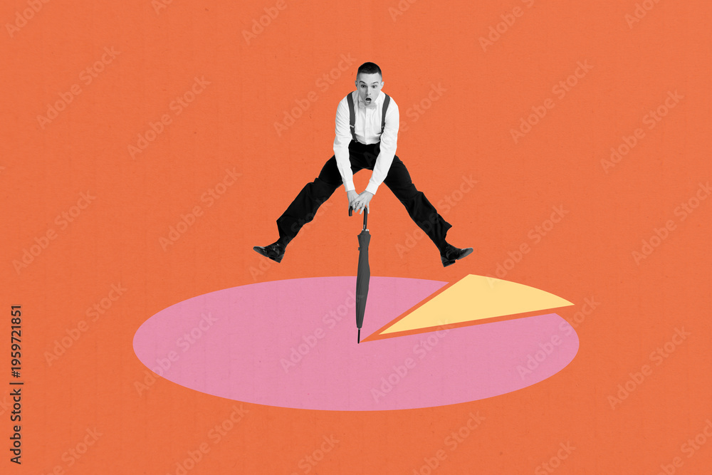 Fototapeta premium Banner full 3d photo trend image collage of happy businessman jump diagram statistics icon hold umbrella manage progress career