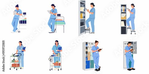 Set of flat vector illustrations featuring a female nurse in blue scrubs performing various healthcare duties from patient care to medical documentation.