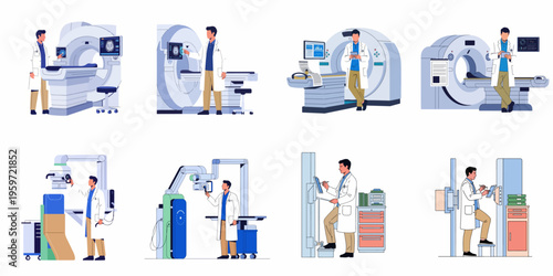 Medical professionals operating MRI, CT, and X-ray diagnostic imaging equipment in flat design illustrations.