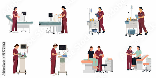 Collection of illustrations depicting female nurses in maroon scrubs performing various medical duties like patient care, bed preparation, and using medical equipment.
