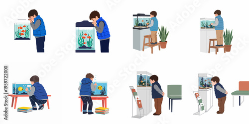 Set of illustrations showing a curious young boy observing and interacting with fish in various aquarium settings.