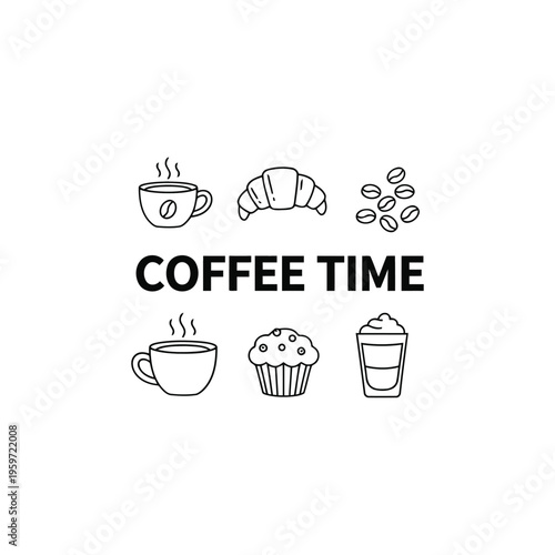 A graphic illustration depicts a coffee time scene with various food and drink items.