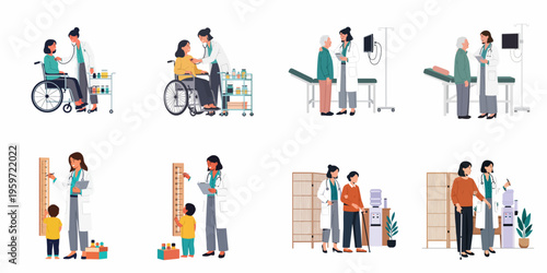 Collection of medical flat illustrations showing female doctors providing healthcare to diverse patients including seniors, children, and people with disabilities in a clinic.