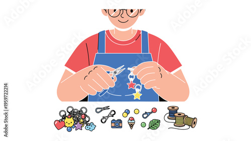 Creative Handcraft: A cheerful individual is intently engaged in the art of handcraft, meticulously crafting personalized charms and adornments with dedication and creativity.