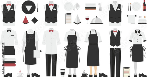 Vector illustration of restaurant staff uniforms set featuring waiter vests aprons formal shirts footwear and dining service accessories isolated on white background.