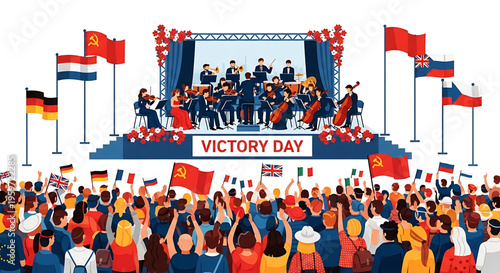 A vibrant illustration of a crowd celebrating Victory Day with a band on stage