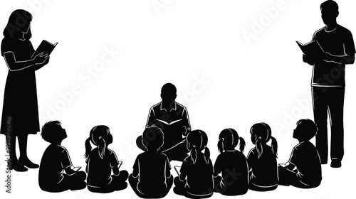 Teacher reading to children silhouettes set, classroom storytelling activity, kids sitting and listening, education learning scene, isolated black figures concept