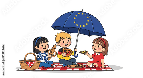 A colorful illustration of three happy children having a picnic under a European Union flag umbrella