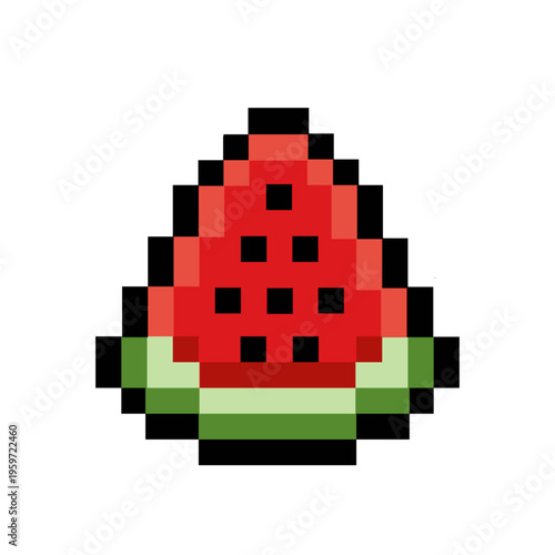 Vibrant pixel art watermelon slice, a refreshing digital illustration perfect for retro gaming themes, summer designs, or healthy snack graphics in a nostalgic 8-bit style