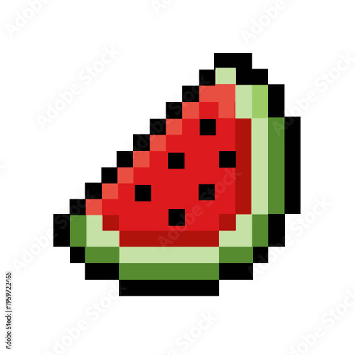 A vibrant pixel art illustration of a refreshing watermelon slice, featuring its red flesh, dark seeds, and green rind, perfect for retro gaming themes, digital designs, and summer-themed projects
