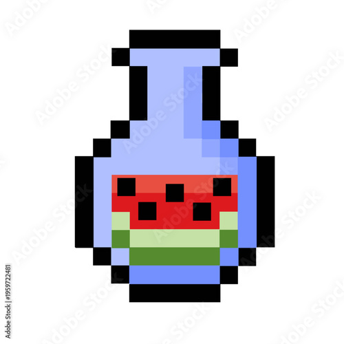 Vibrant pixel art illustration depicting a refreshing watermelon potion in a classic glass bottle, ideal for retro gaming interfaces and digital fantasy adventure themes
