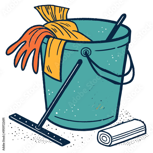 Blue Bucket Overflowing with Cleaning Supplies Mop Gloves Duster Vector