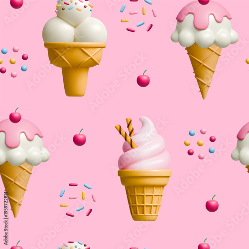 3d ice cream cone and stick vector seamless pattern background texture