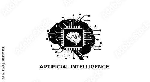 Minimalist artificial intelligence brain illustration with circuit lines forming a modern AI symbol. Concept of technology, machine learning, neural networks, and digital innovation on a clean backgro