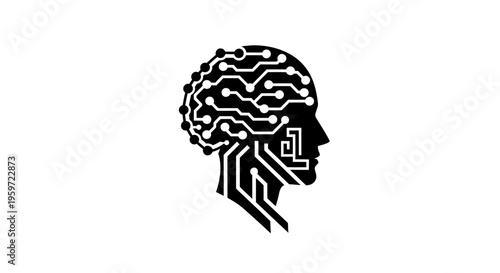 Minimalist artificial intelligence brain illustration with circuit lines forming a modern AI symbol. Concept of technology, machine learning, neural networks, and digital innovation on a clean backgro