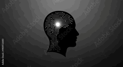 Minimalist artificial intelligence brain illustration with circuit lines forming a modern AI symbol. Concept of technology, machine learning, neural networks, and digital innovation on a clean backgro