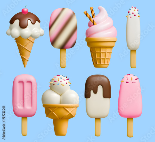 3d ice cream cone and stick vector set illustration isolated