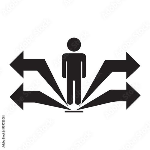 Person standing at crossroads with arrows pointing in multiple directions, symbolizing choice and direction