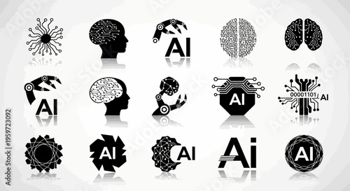 Minimalist artificial intelligence brain illustration with circuit lines forming a modern AI symbol. Concept of technology, machine learning, neural networks, and digital innovation on a clean backgro