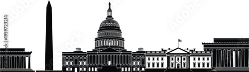 Washington DC skyline silhouette, White House Capitol and Washington Monument illustration, USA government landmarks, American architecture, travel destination vector design