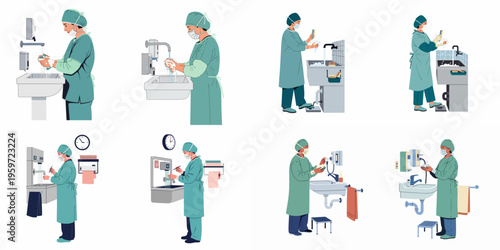 Set of eight illustrations depicting a surgeon or nurse performing a surgical hand scrub procedure in a hospital setting for hygiene and safety.