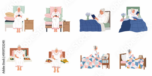 Vector illustration set of an elderly woman in bed performing various morning and evening routines like reading, drinking tea, eating, and listening to music.